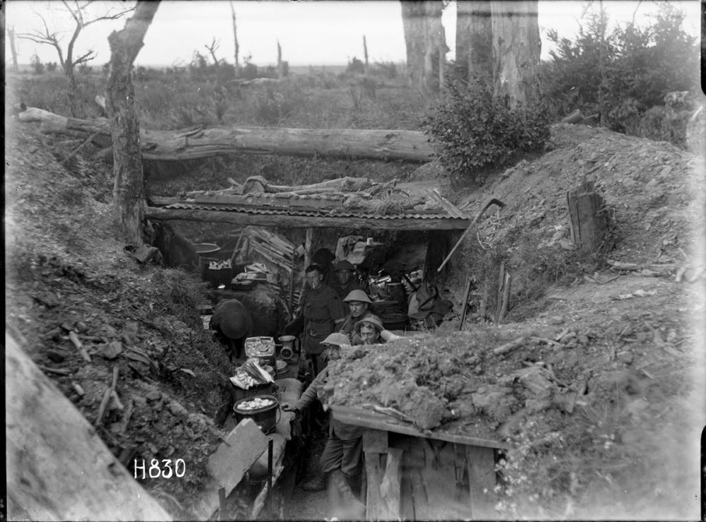 A view of a trench temporarily housing the cookhouse of the New Zealand Rifle Brigade, near Gommecourt, France, 25 July 1918.